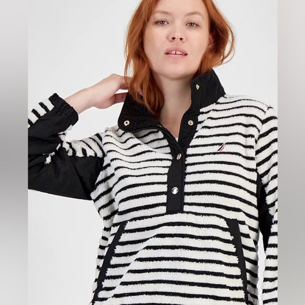 Nautica Striped Sherpa Fleece Snap-Button Pullover